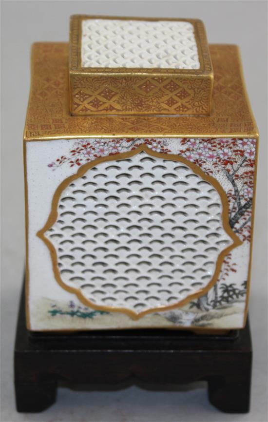 A Japanese Satsuma pottery cube-shaped koro and cover, Meiji period, signed Fujisan, width 6.5cm